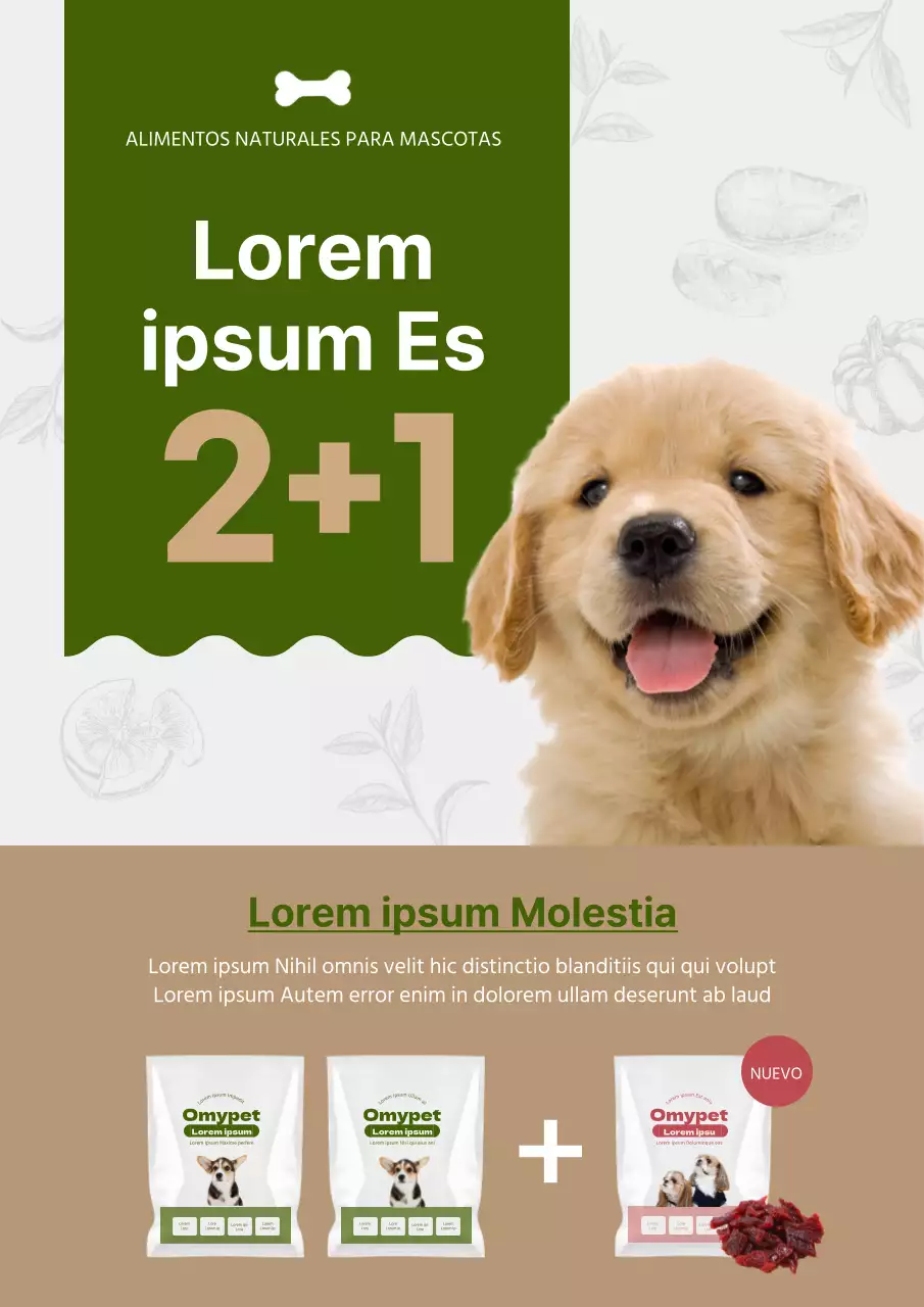 Folleto promocional de golosinas verdes y doradas para perros