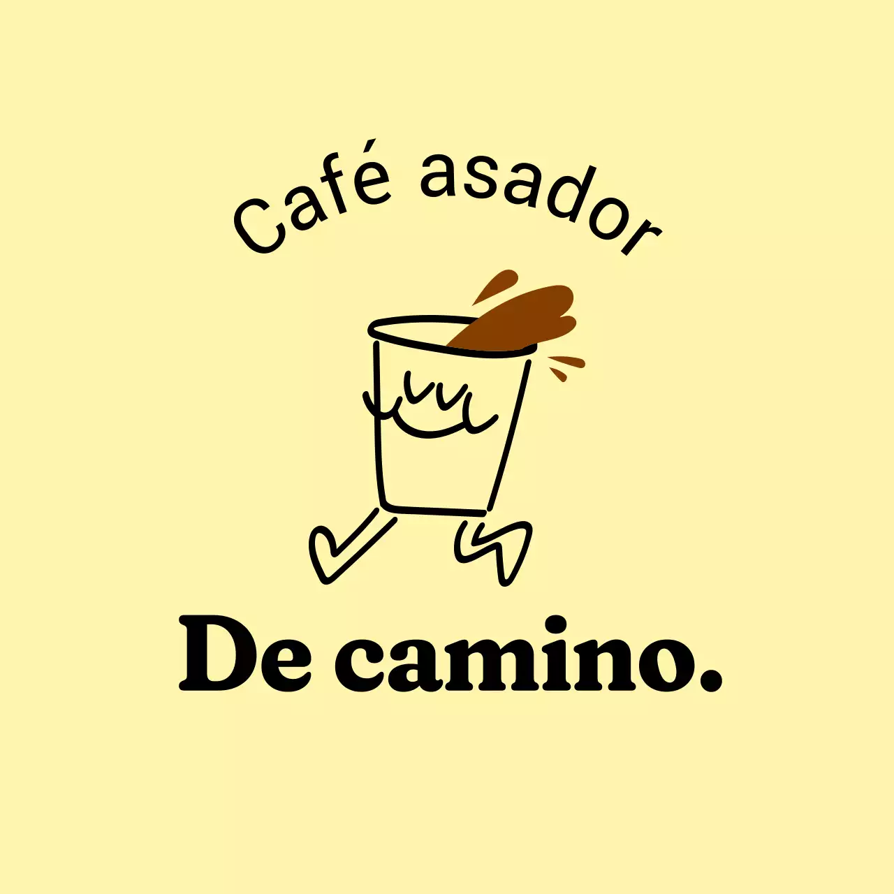 Señalización de tienda cálida y acogedora en amarillo claro y negro con texto relacionado con la cafetería e ilustraciones de personajes con forma de café.