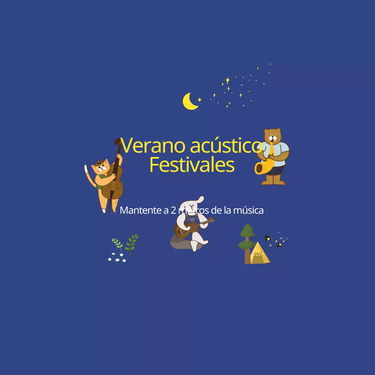 Promoción de festivales con ilustraciones de diversos animales en el cielo nocturno tocando instrumentos musicales.