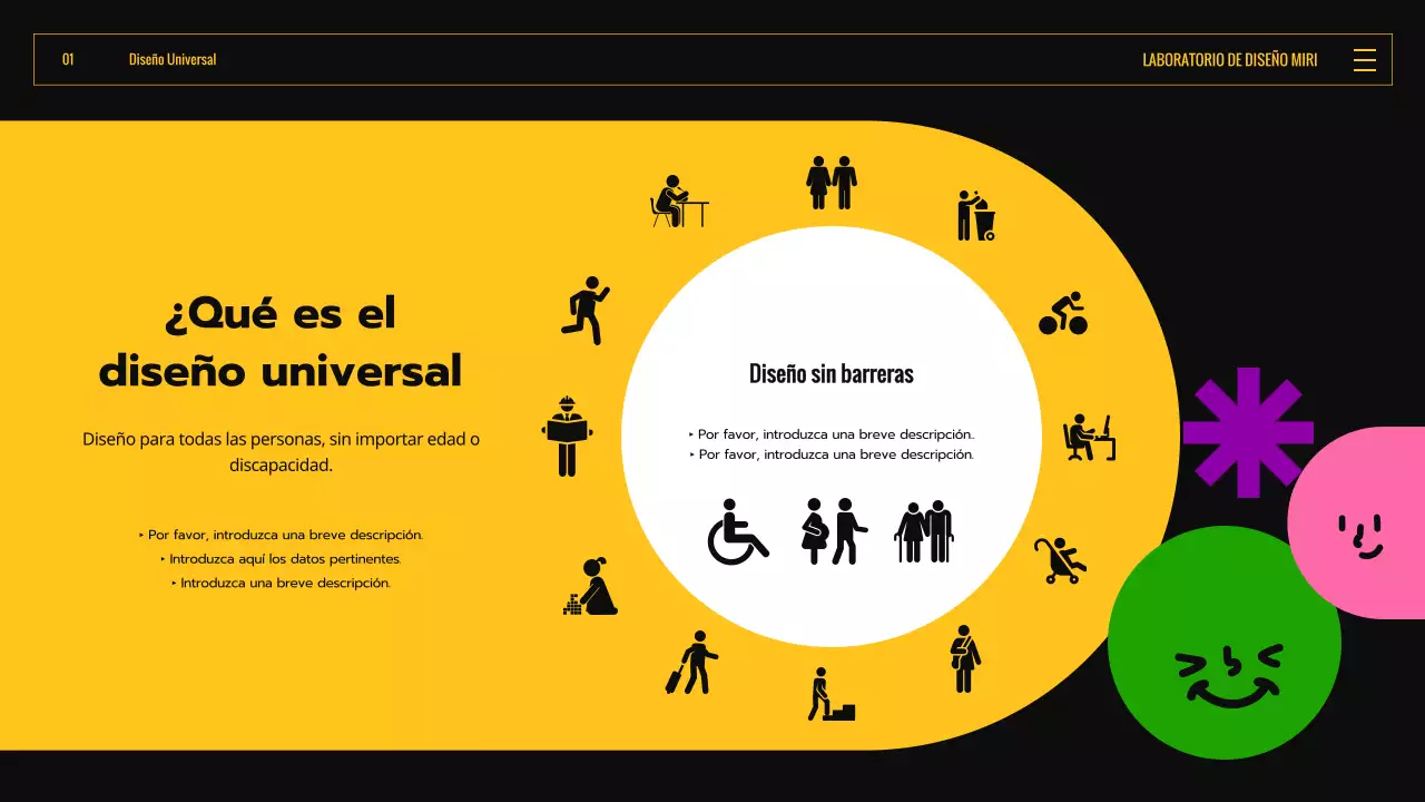 Introducción al diseño universal con formas expresivas de colores negro y amarillo