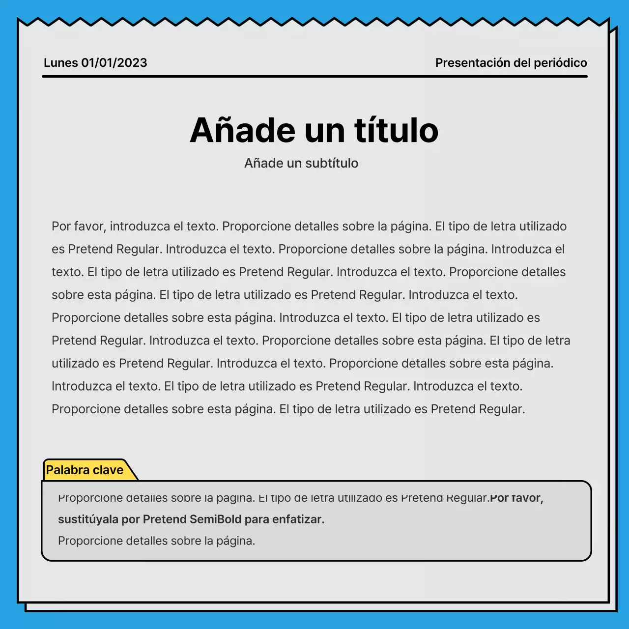 Una tarjeta de noticias audaz y llamativa en un concepto de periódico con acentos en amarillo y azul claro.