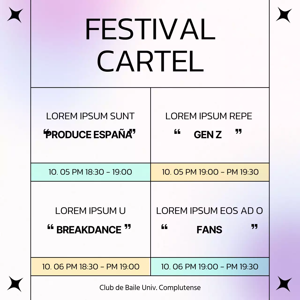 Anunciamos el cartel de las actuaciones del club de baile de menta y púrpura pop