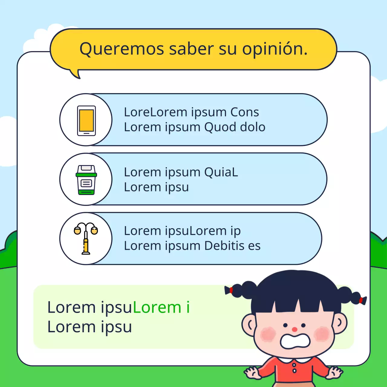 Resultados de una encuesta sobre la satisfacción con las bonitas instalaciones de los parques en colores verde y amarillo