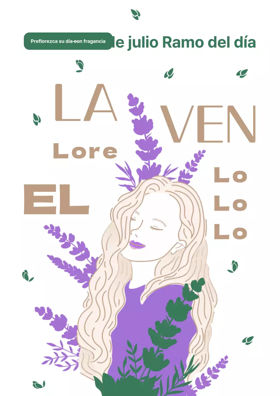Púrpura Verde Oro Ilustración plana y sensual para promocionar un ramo de lavanda