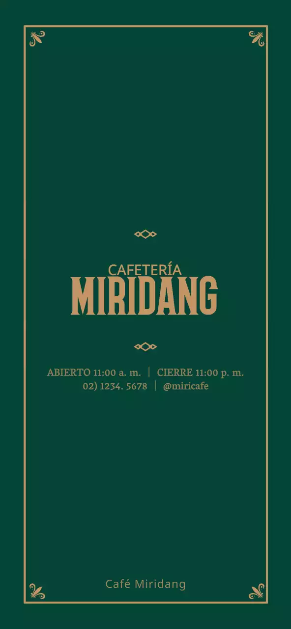 Lujoso menú de cafetería enmarcado en verde oscuro y dorado para precios y promoción