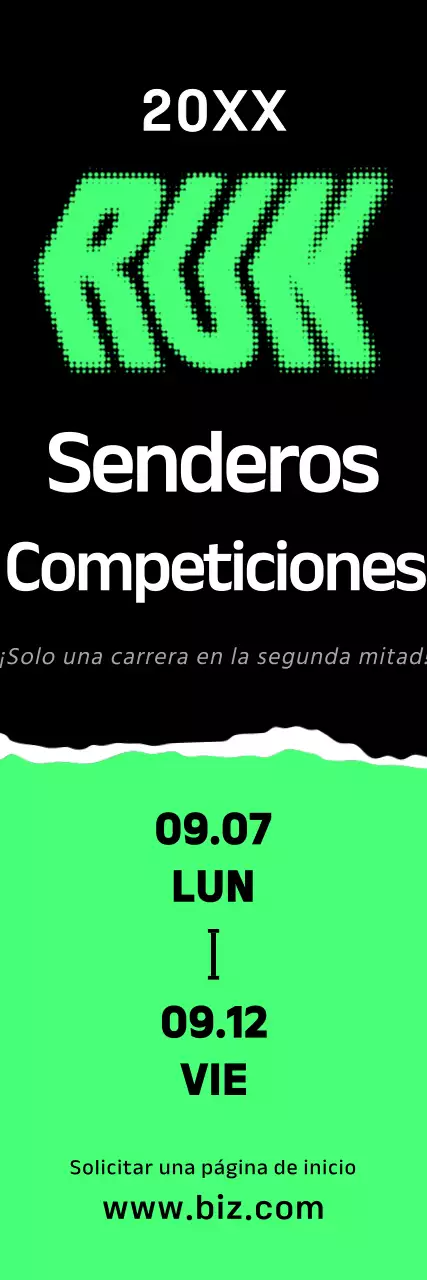 Una atrevida pancarta promocional del maratón con texto e ilustraciones sobre la carrera en verde brillante, blanco y negro.