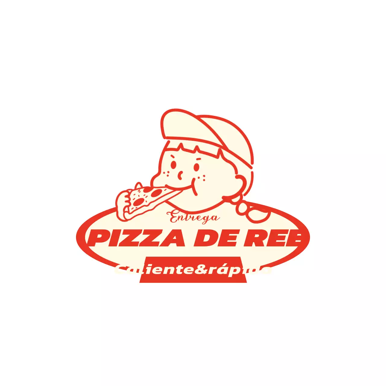 Logotipo de pizzería con simpática ilustración roja y amarilla
