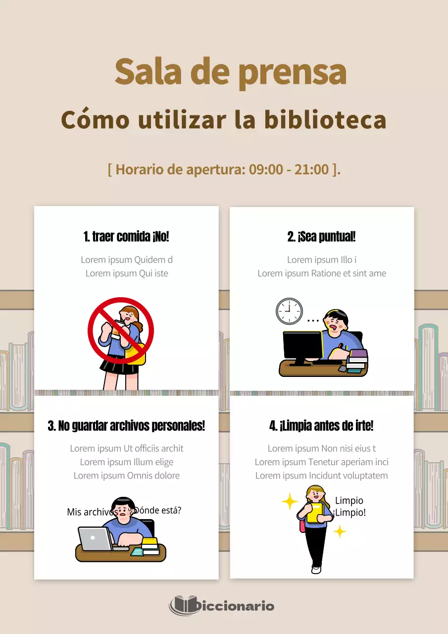 Guía de uso de la biblioteca con simpáticas ilustraciones marrones