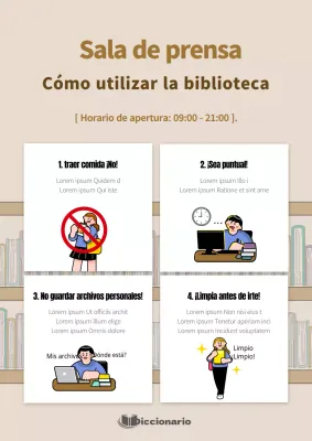 Guía de uso de la biblioteca con simpáticas ilustraciones marrones