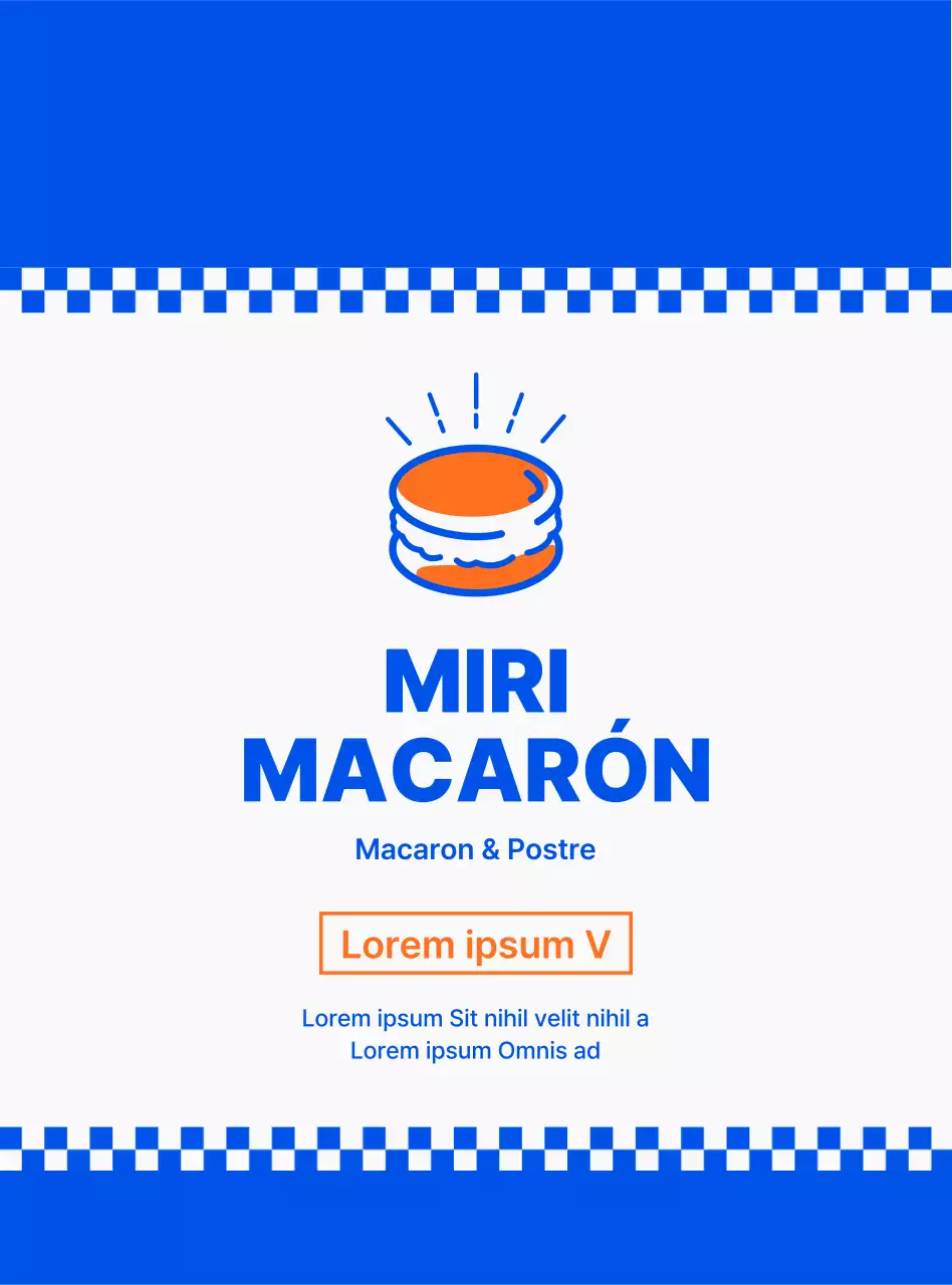 Promocionar e informar del menú de un postre macaron de concepto limpio en azul marino y blanco.