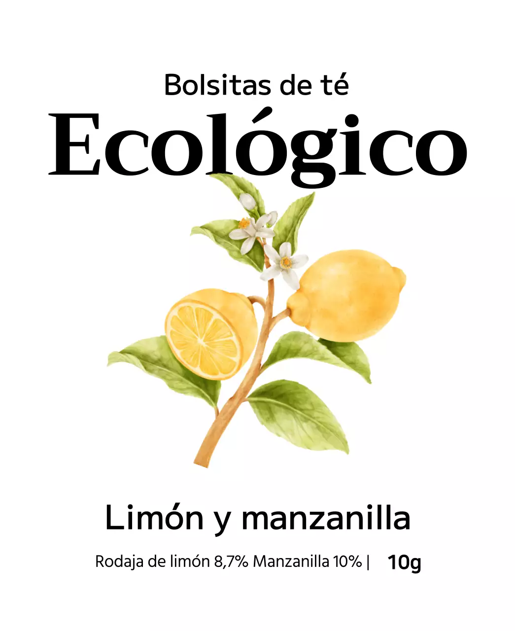 Bolsitas de té de frutas ecológicas con ilustraciones de frutas en acuarela