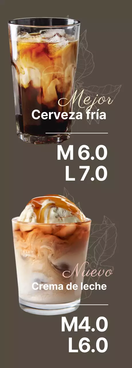 Banner monótono de cafetería con café con leche con caramelo y cerveza fría en un diseño atmosférico sobre fondo oscuro.