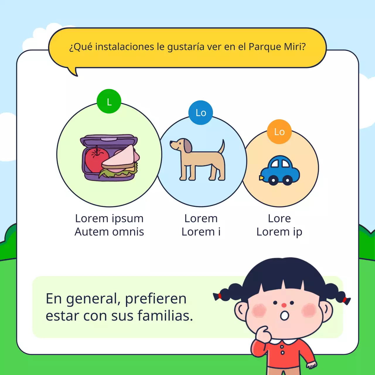 Resultados de una encuesta sobre la satisfacción con las bonitas instalaciones de los parques en colores verde y amarillo