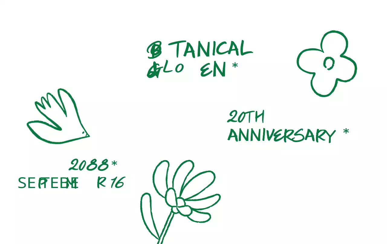 Una sencilla celebración en un jardín botánico, verde y dibujada a mano