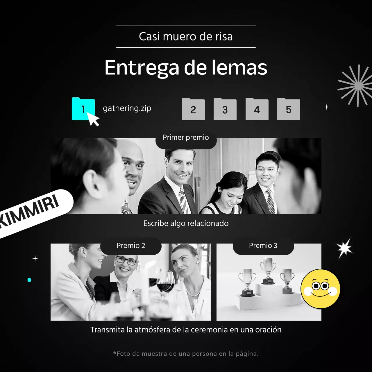 Los ganadores de los eslóganes se anuncian en blanco y negro con puntos azul claro y amarillo CardNews