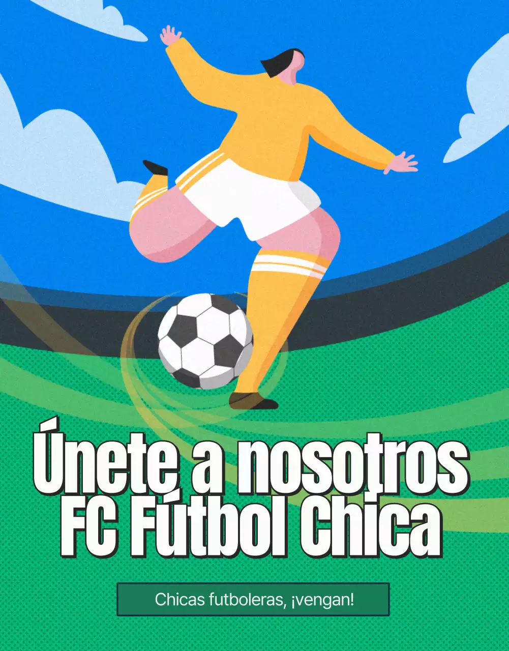 Anuncio de reclutamiento de fútbol femenino en verde y amarillo