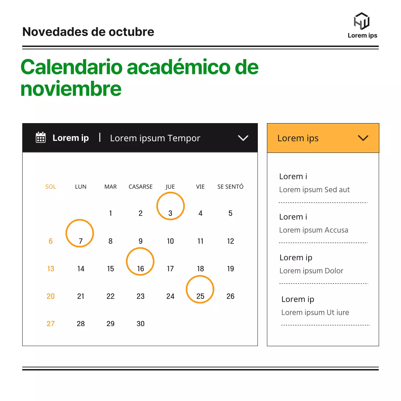 Un boletín mensual del departamento de licenciatura de una universidad con un blog bonito, ordenado y sencillo en verde y naranja e ilustraciones monótonas de Notion.
