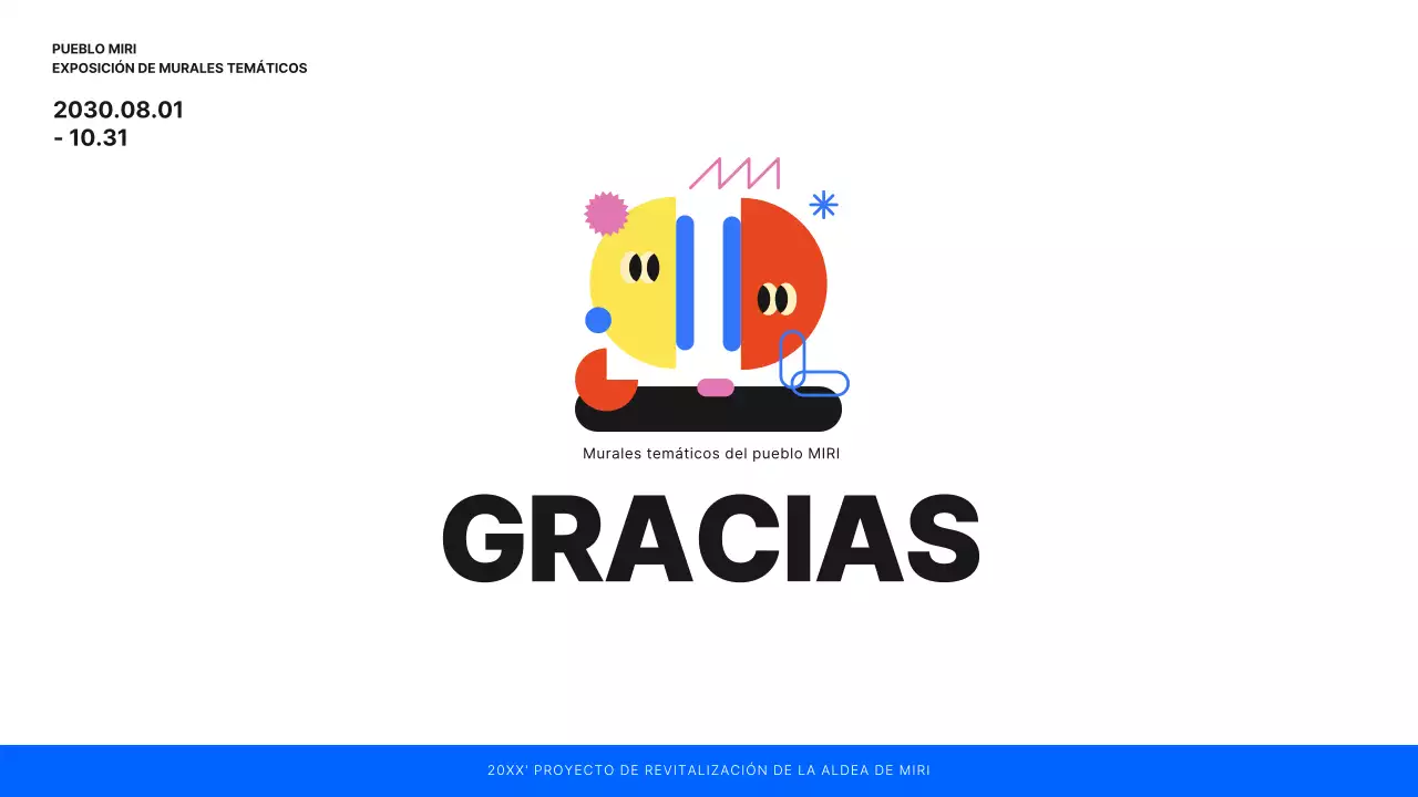 Planificación de una exposición de murales ilustrados en blanco, azul y verde