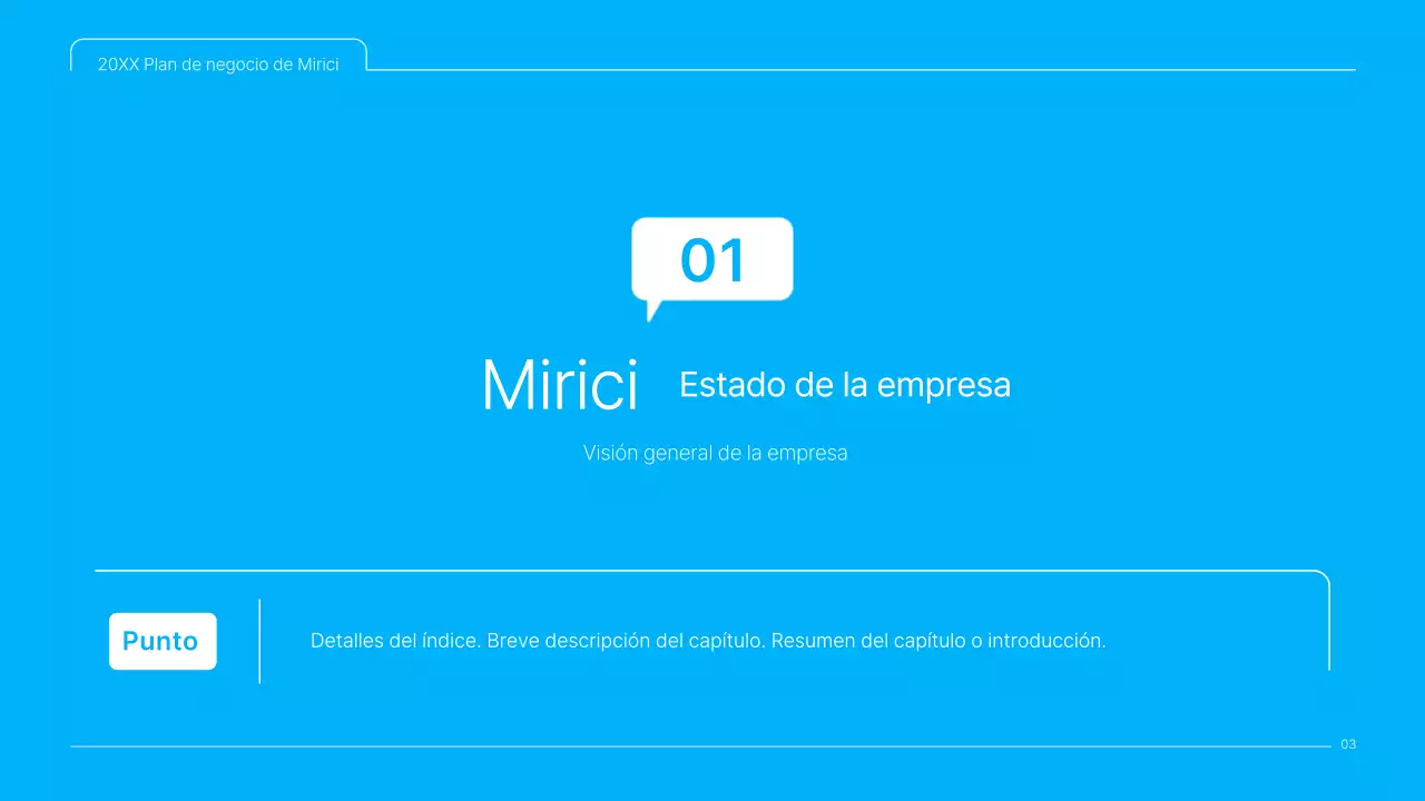 Una presentación limpia en azul y blanco del plan de negocio de contenidos culturales