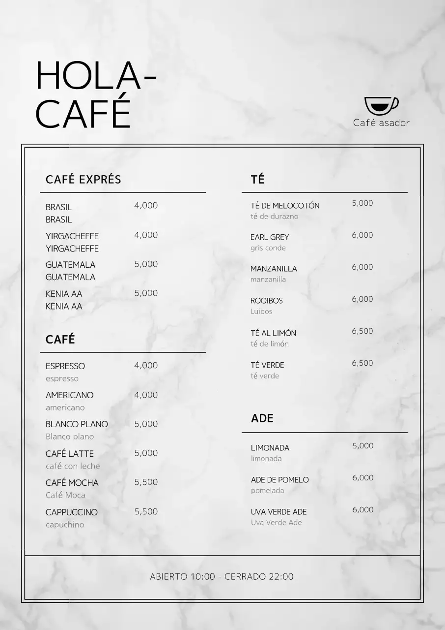 Limpio tablero vertical de menú de cafetería con concepto de mármol
