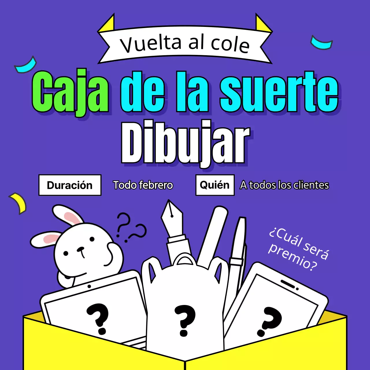 Sorteo de una caja de la suerte con un bonito premio en azul neón