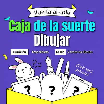 Sorteo de una caja de la suerte con un bonito premio en azul neón