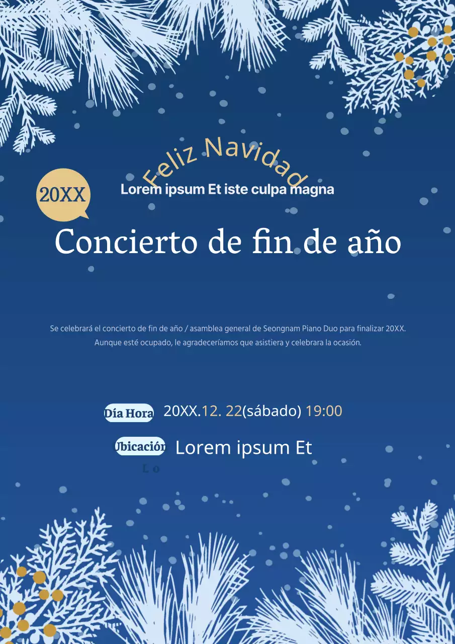 Promocione un colorido concierto de Nochevieja con una ilustración de un árbol azul