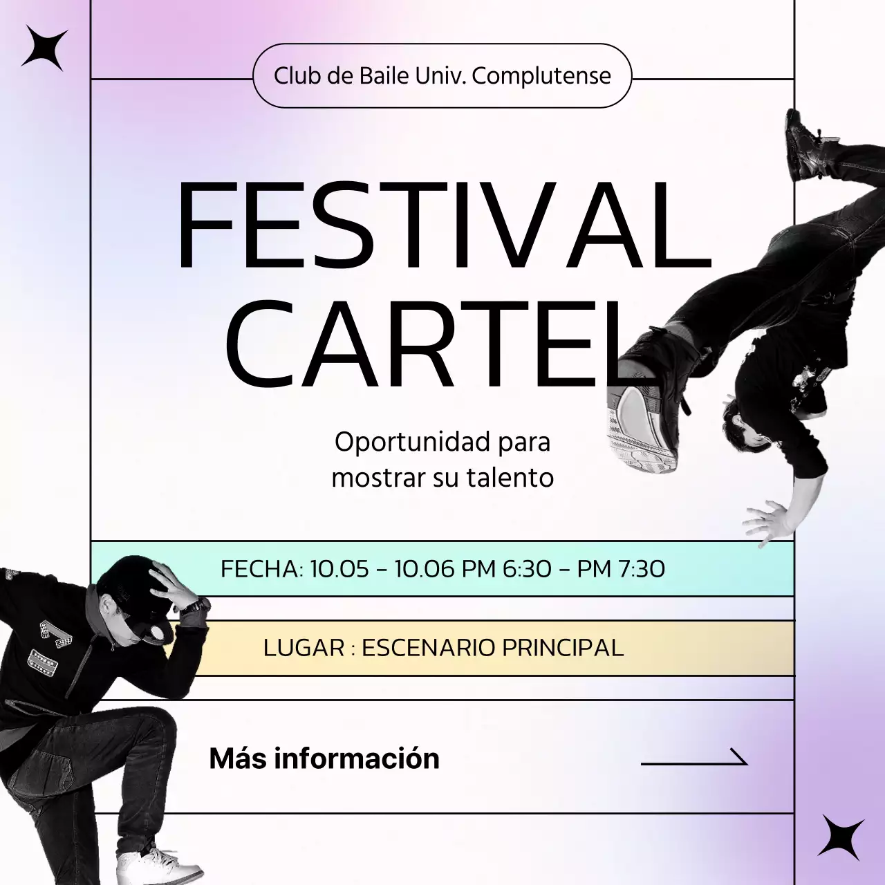 Anunciamos el cartel de las actuaciones del club de baile de menta y púrpura pop