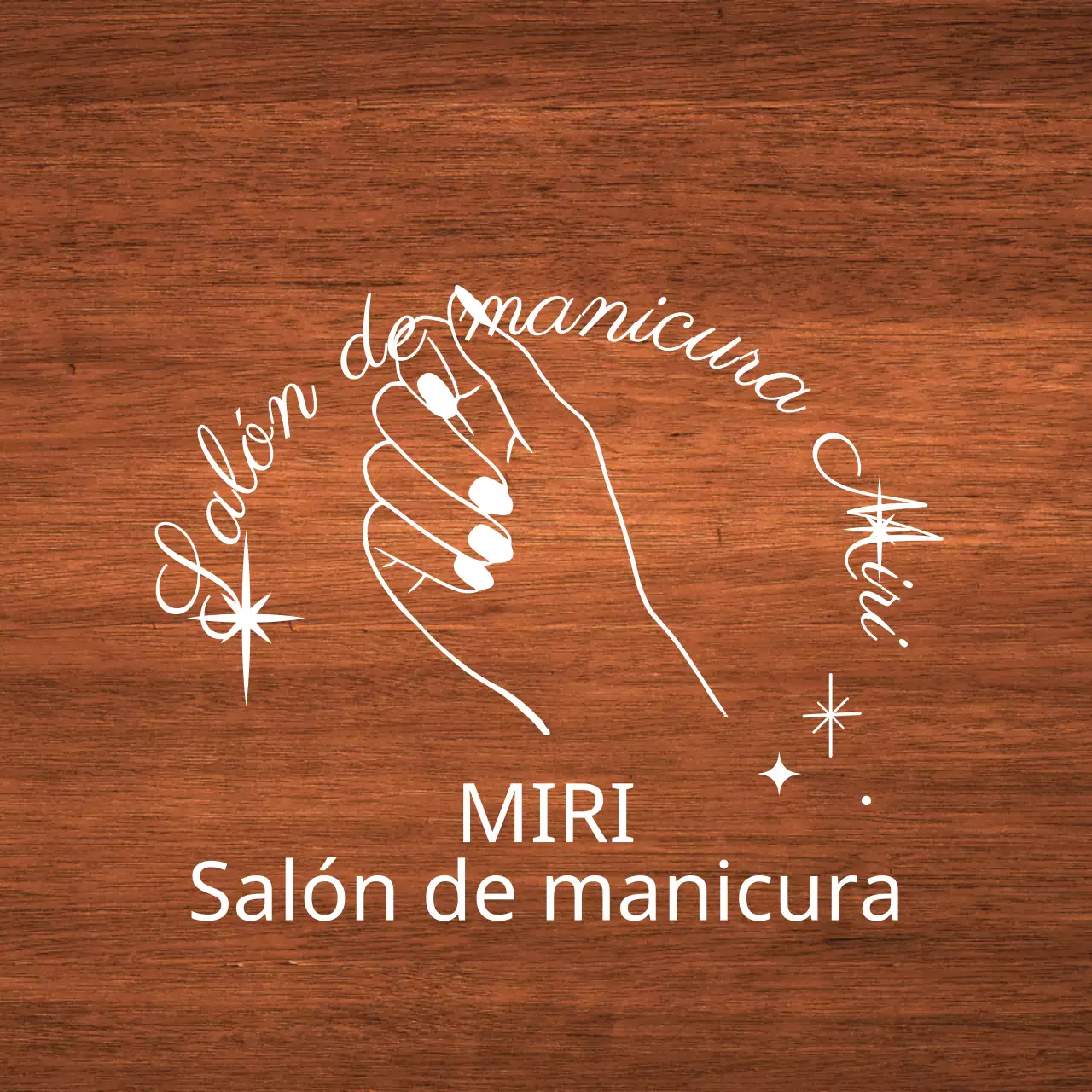 Cartel clásico de salón de manicura con texto en blanco e ilustración de una mano en forma de estrella.