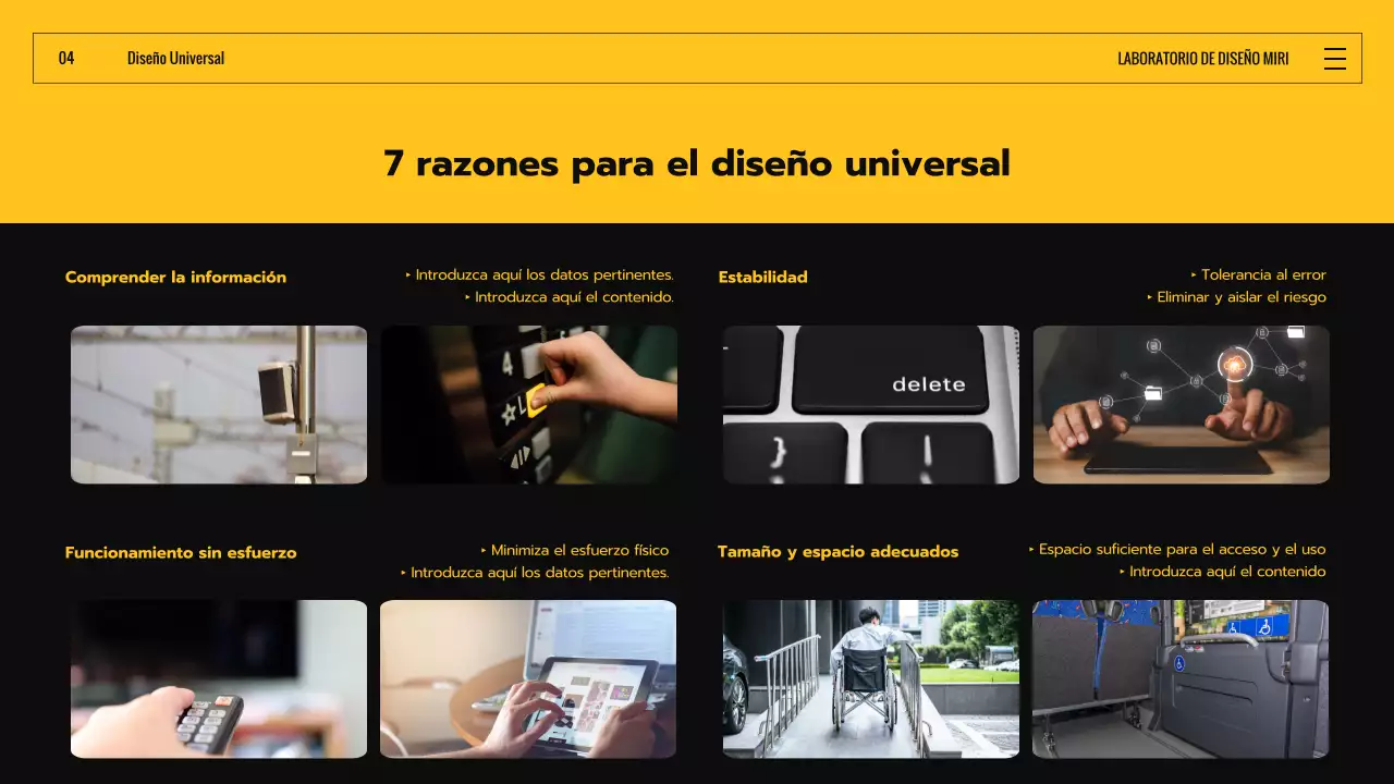 Introducción al diseño universal con formas expresivas de colores negro y amarillo