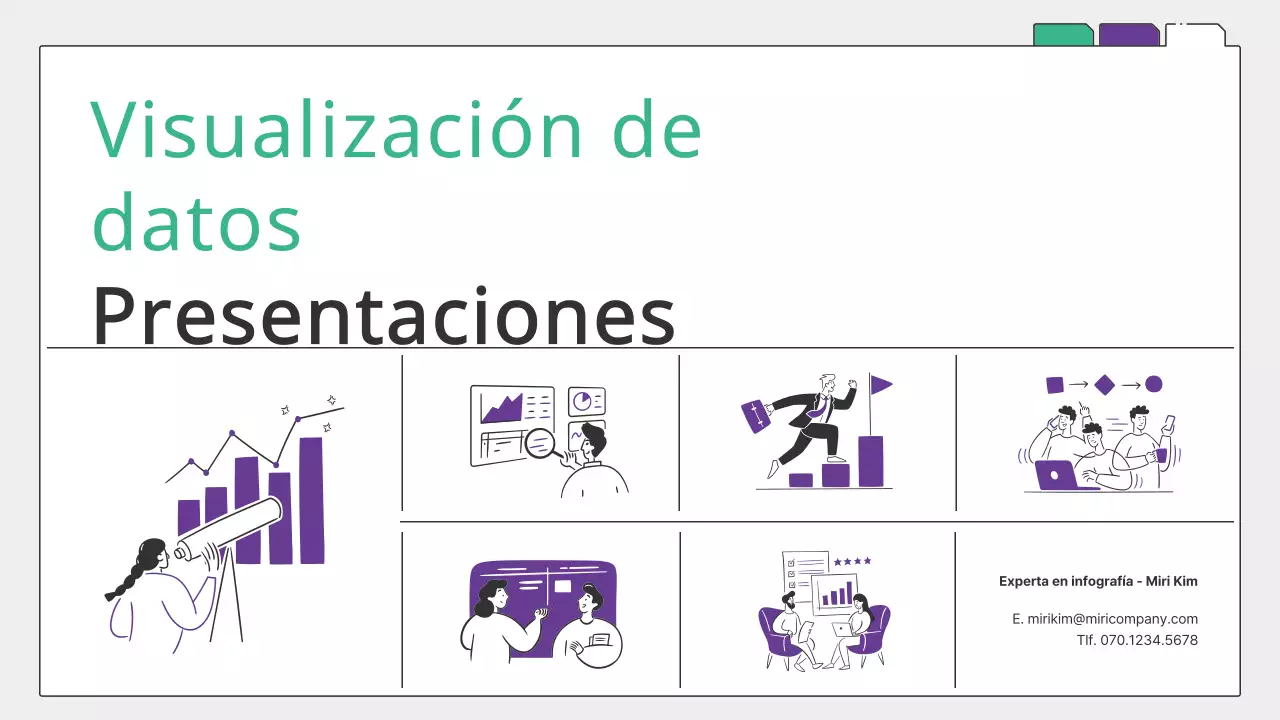 Presentación infográfica y gráficos sencillos en verde y morado