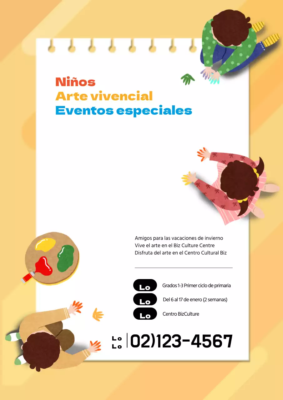 Un bonito folleto amarillo para promocionar una clase práctica de arte para niños.