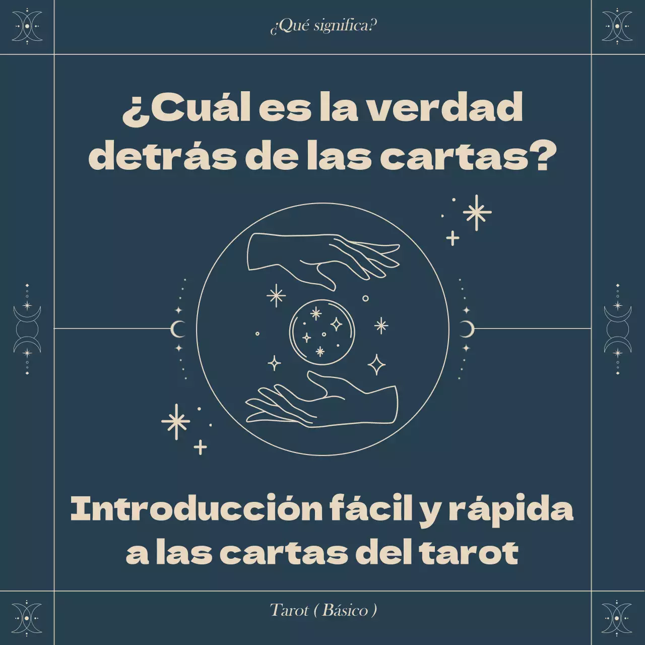Una introducción rápida y fácil a las cartas del tarot con un concepto astrológico de marco cuadrado en un esquema de color azul marino.
