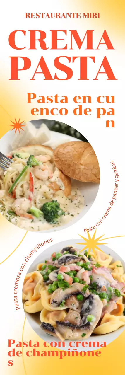 Un menú de pasta de estilo occidental con un fresco degradado de color amarillo y líneas y formas rítmicas.