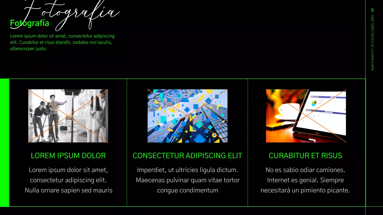 Directrices de identidad de la marca en formato cuadriculado verde lima y negro