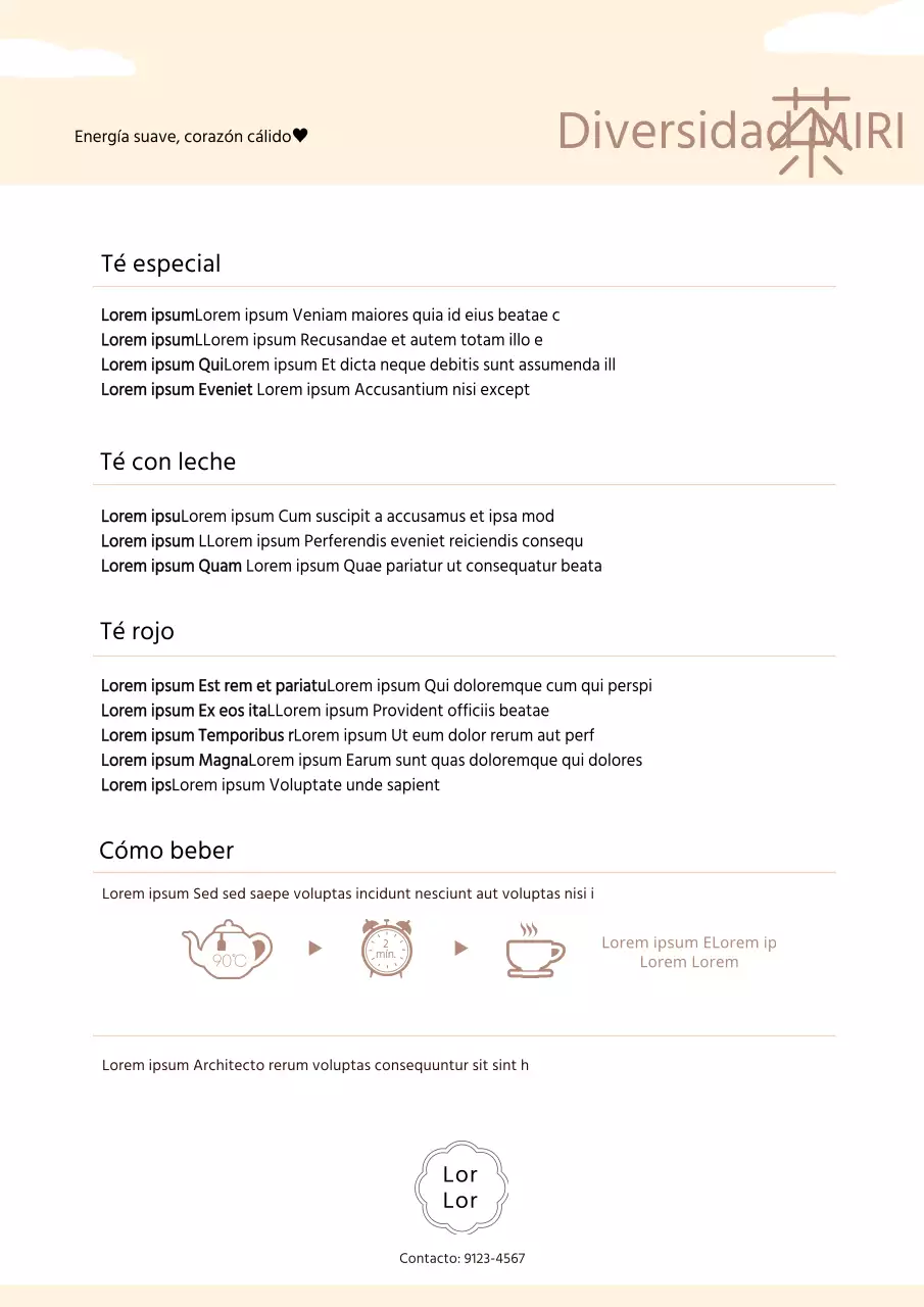 Bonito cartel promocional de una casa de té con fondo marfil