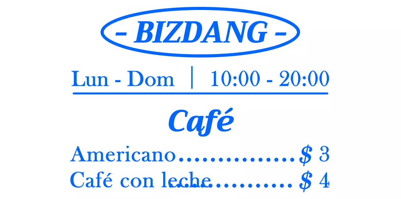 Estilo de diseño sencillo y limpio con texto alineado en azul y blanco para un tablero de menú de cafetería para información y promoción.