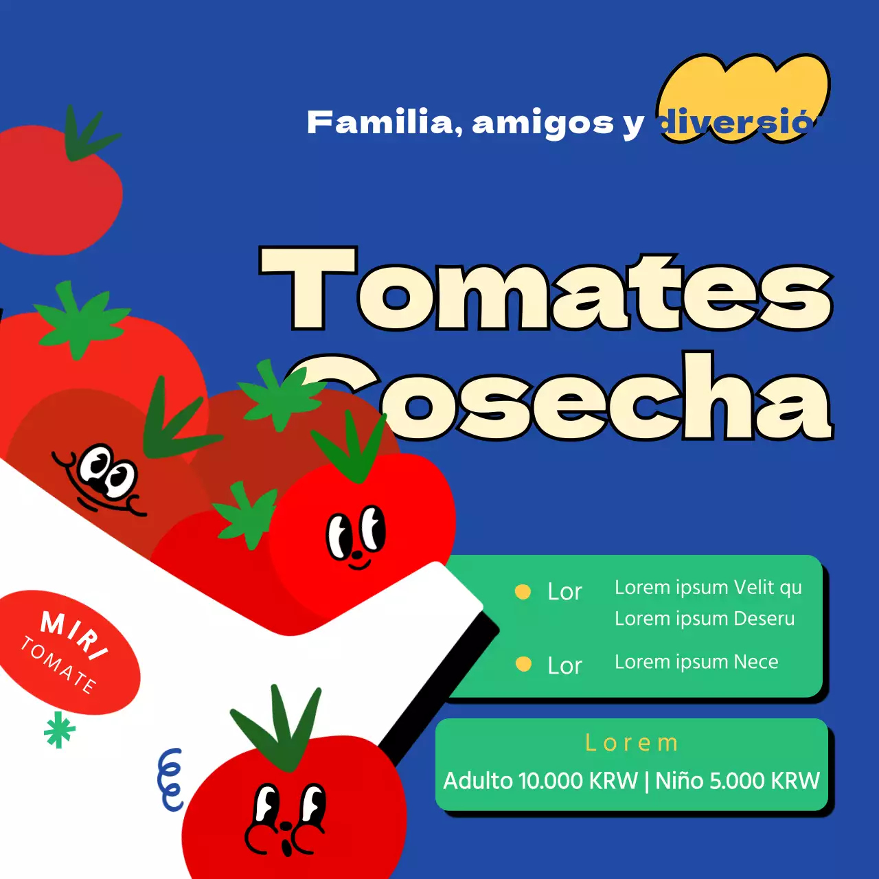 Información sobre la cosecha de tomates rojos sobre fondo azul con simpáticas ilustraciones