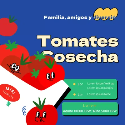 Información sobre la cosecha de tomates rojos sobre fondo azul con simpáticas ilustraciones