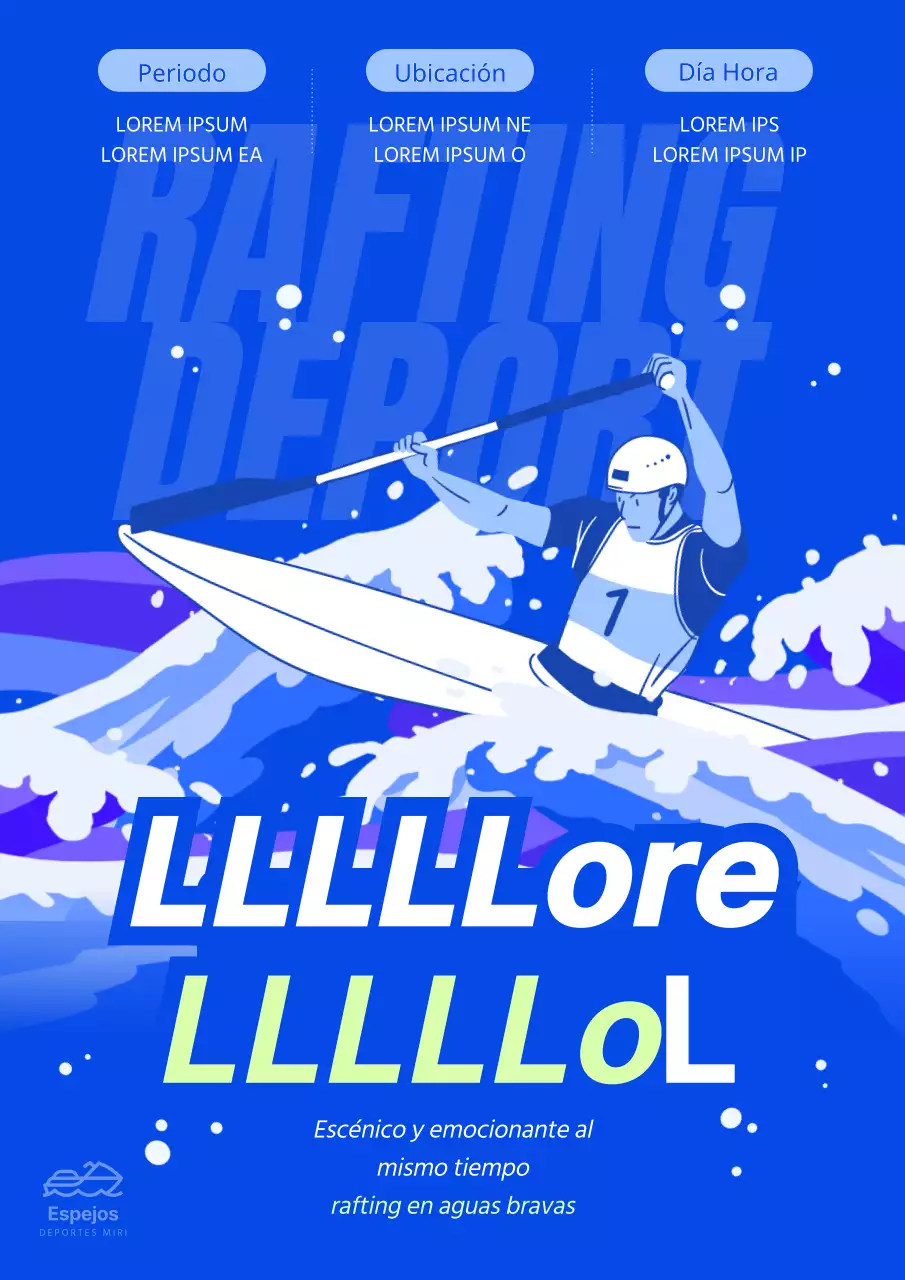 Rafting activo con salpicaduras de agua sobre fondo azul