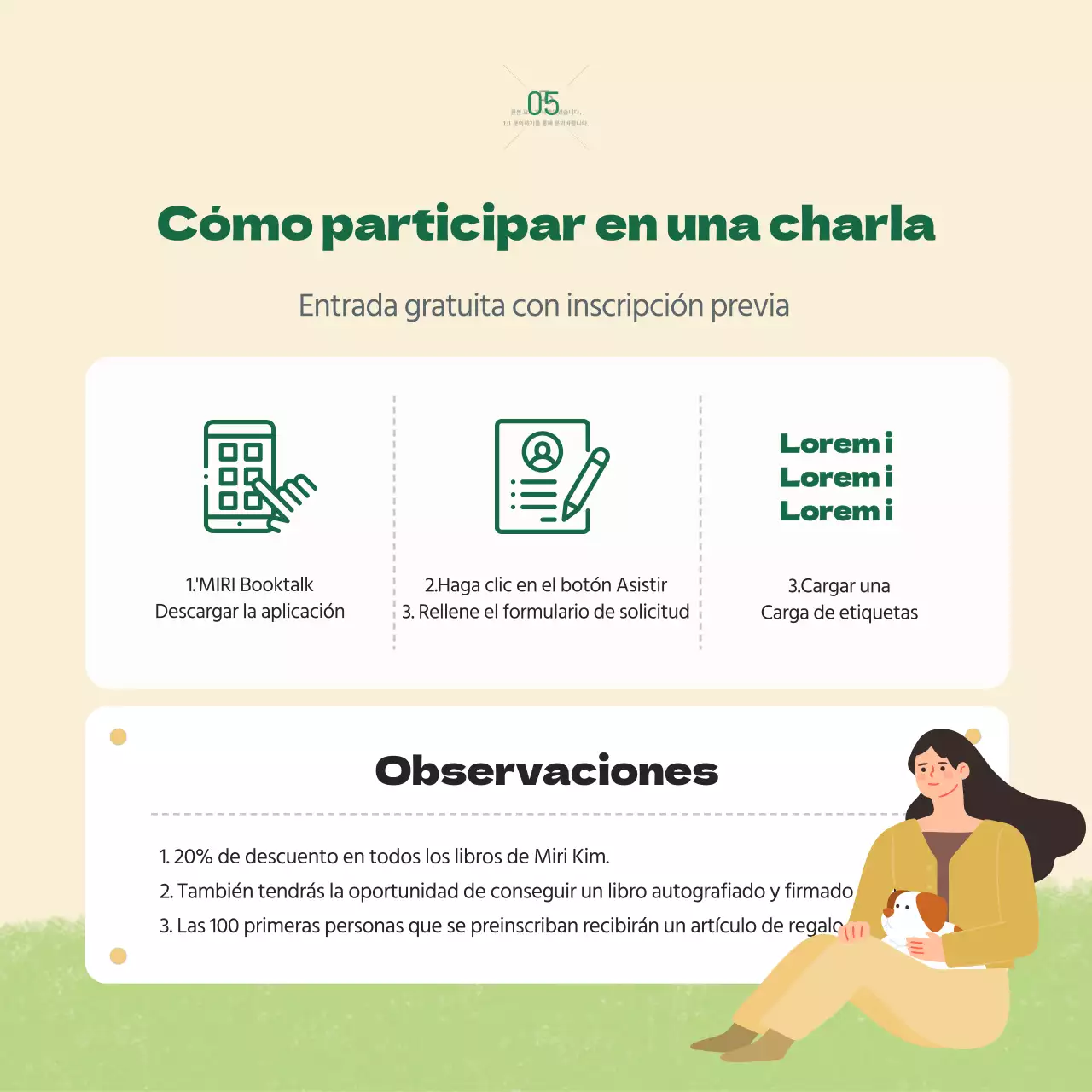 Charla para celebrar el lanzamiento de un libro conceptual ilustrado en beige y verde