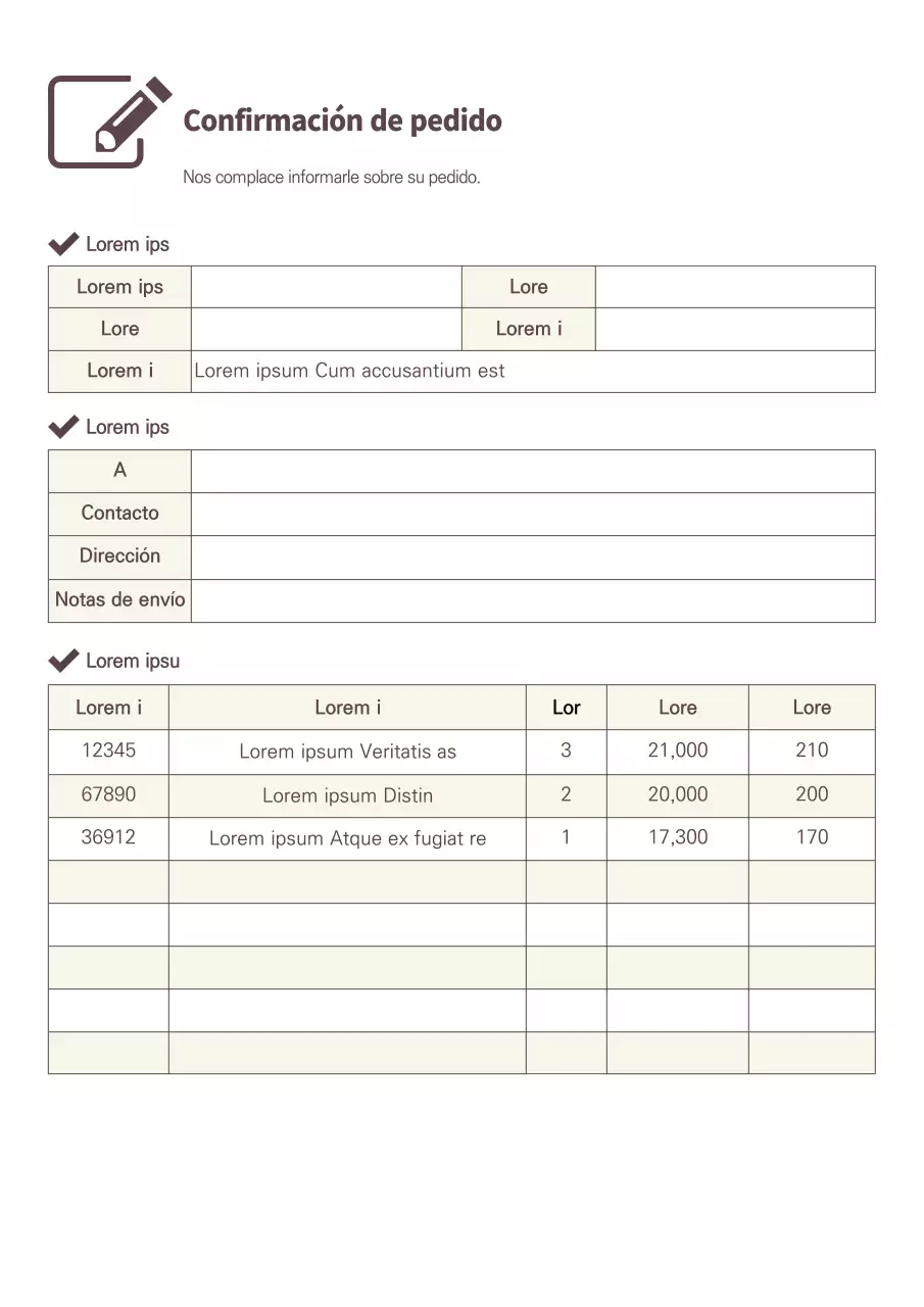 Documentación de confirmación de pedido limpia en marrón y amarillo