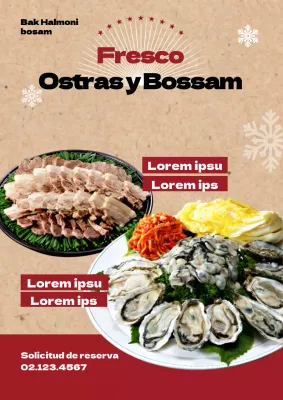 Promocione los menús de restaurantes de yakisoba y okonomiyaki con fotos de comida en rojo y beige