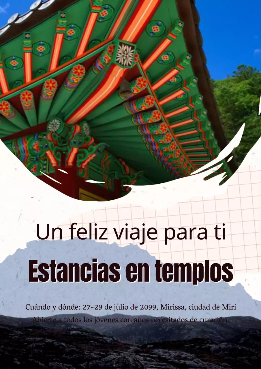 Un folleto de viajes limpio, en blanco y verde, inspirado en un templo