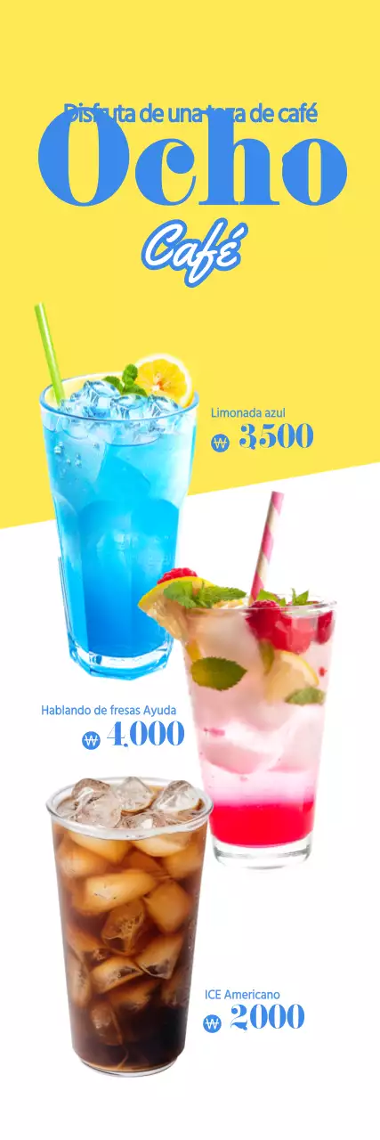 Banner promocional de cafetería de fácil lectura con texto e ilustraciones fotográficas de bebidas veraniegas para una cafetería otto en colores frescos.