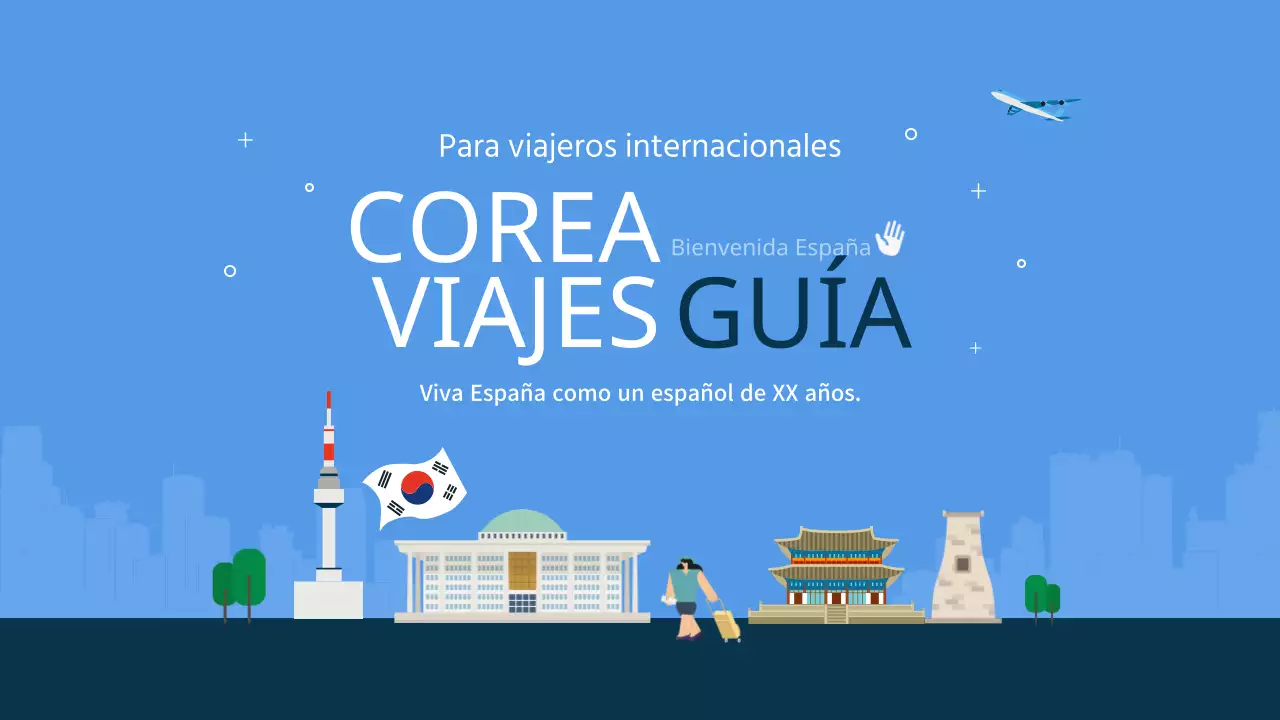 Guía de viaje de Corea del Sur ilustrada en azul y azul marino