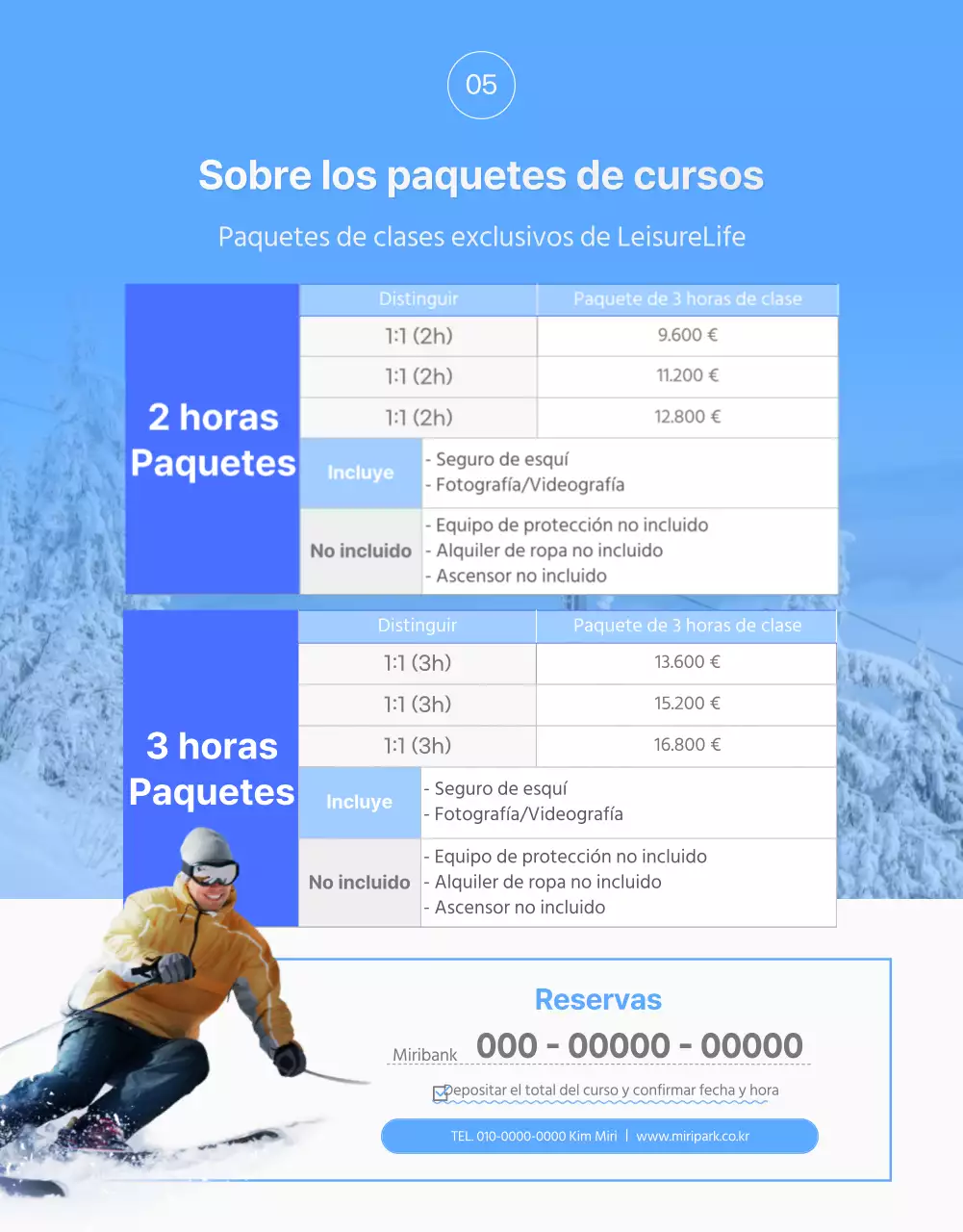 Una sencilla página blanca y azul para las clases de esquí
