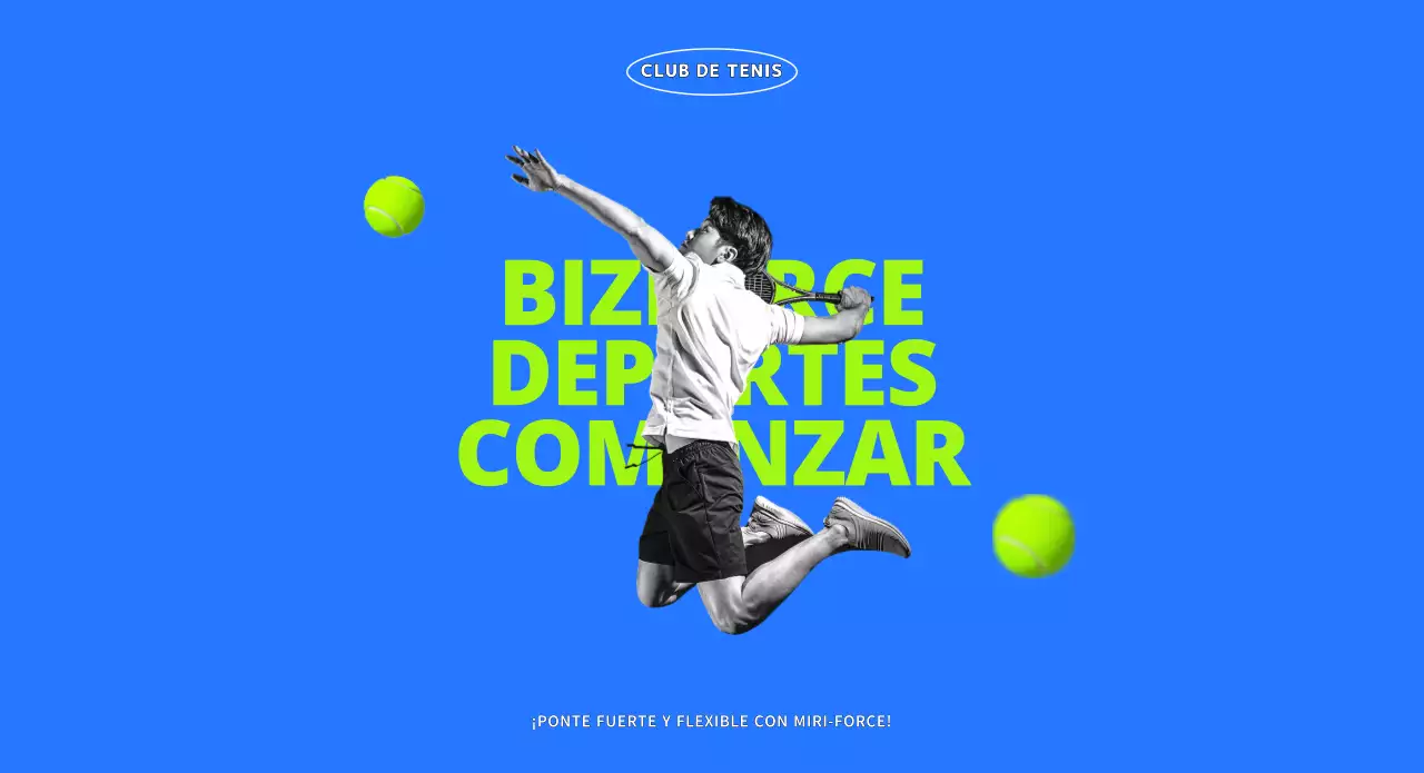 Un club de tenis joven y activo en azul y chartreuse.