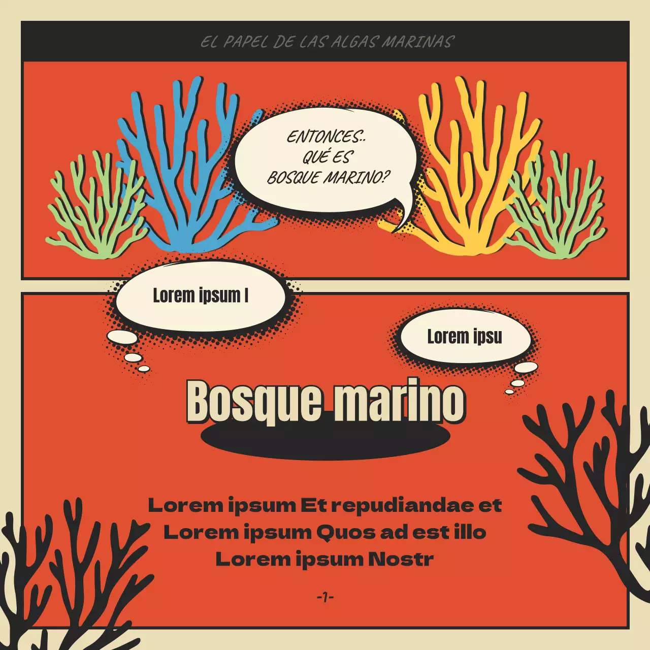 Concepto de dibujos animados bosque marino y algas en rojo y negro