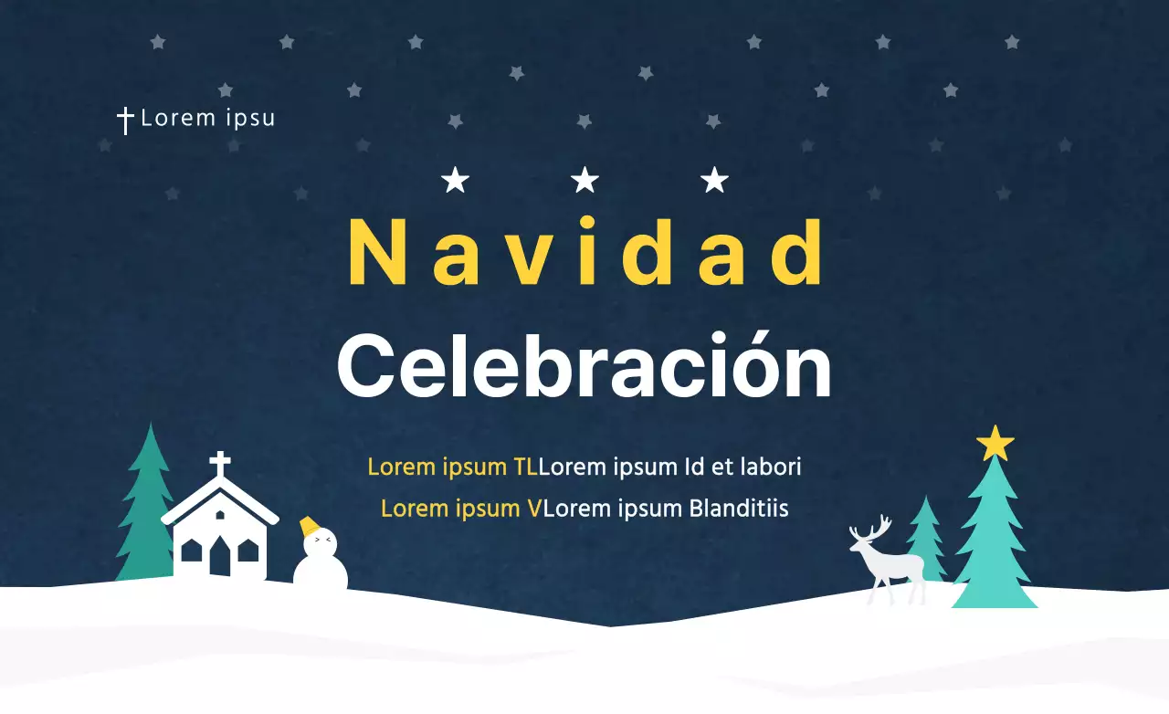 Diseño de un paquete caliente para promocionar un servicio de celebración de la Navidad en la iglesia con una ilustración de un pueblo nevado.